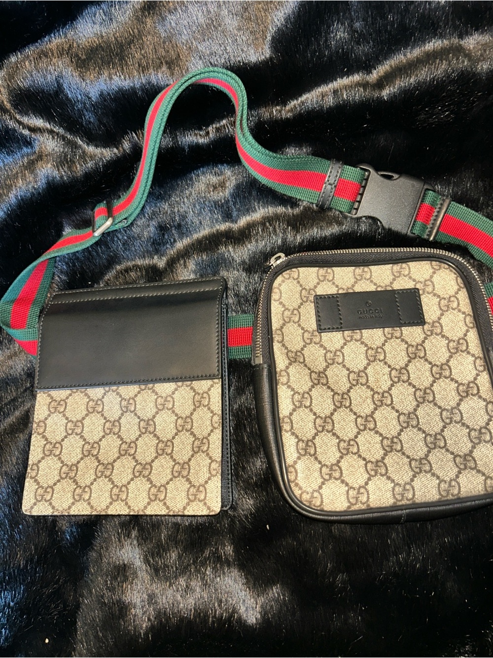 Gucci Beige GG Supreme Canvas Belt Bag with Black Trim and Green-Red Web